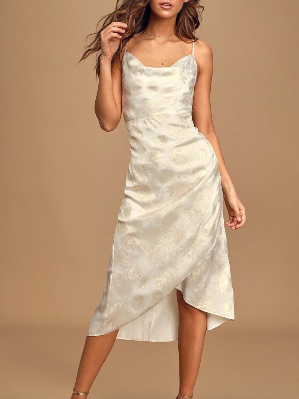 Lulus Garden Walks White and Gold Floral Print Sparkle Midi Slip Dress